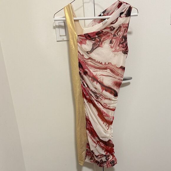 Jean Paul Gaultier Soleil 90’s Mesh Ruched Dress with Gold & Abstract Pattern. - Picture 1 of 9